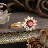Flower Inspired Unique Cluster Ring Round Cut Garnet Engagement Ring